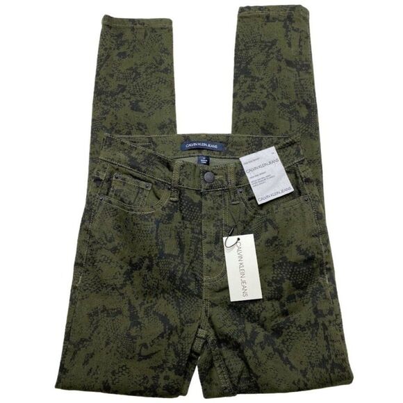Calvin Klein Skinny Ankle Jeans Women's 24 XS Green‎ Green Python-Print Stretch - Picture 1 of 14